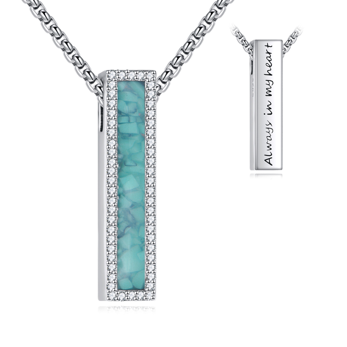 Sterling Silver Turquoise Bar Cremation Urn Necklace for Ashes with Engraved Word for Men-1