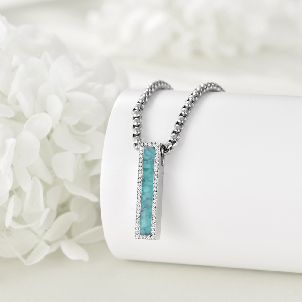 Sterling Silver Opal Bar Cremation Urn Necklace For Ashes With Engraved Word For Men-3