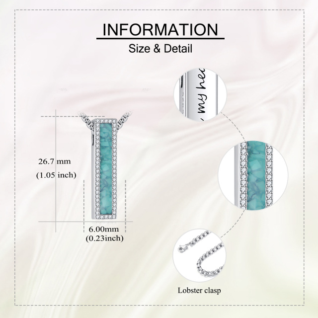 Colar de urna de cremação em prata esterlina com barra de turquesa para cinzas com palavra-5