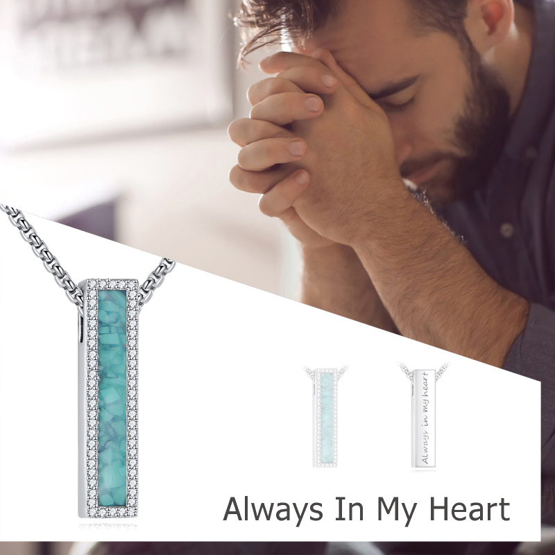 Sterling Silver Opal Bar Cremation Urn Necklace For Ashes With Engraved Word For Men-6