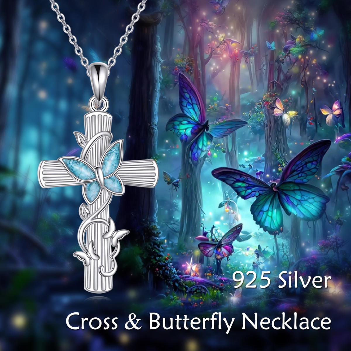Sterling Silver Turquoise Butterfly & Cross Pendant Necklace-6