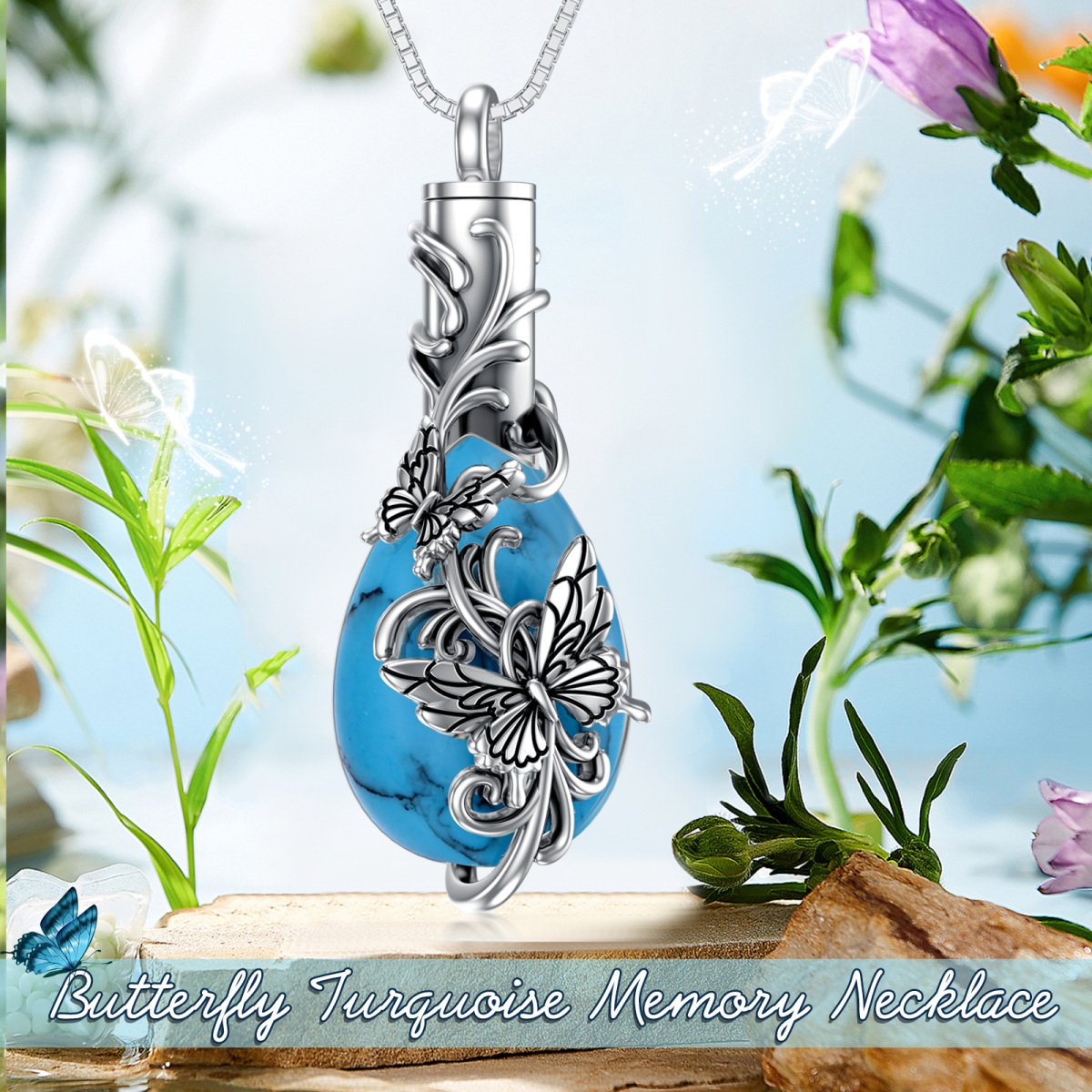 Sterling Silver Turquoise Butterfly Urn Necklace for Ashes-3