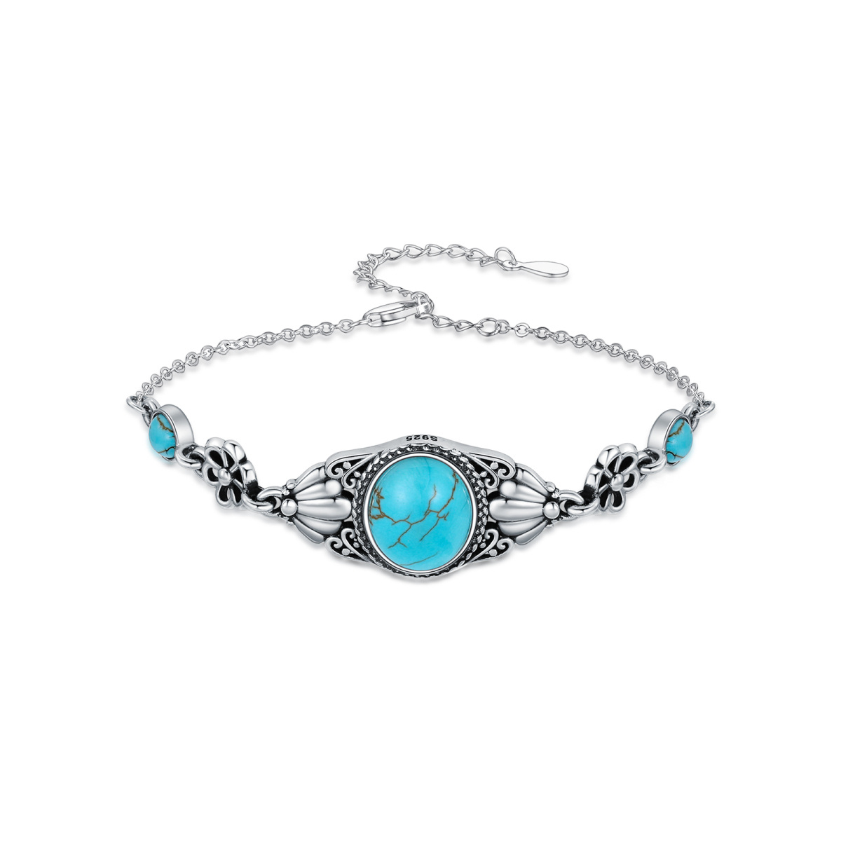 Sterling Silver Turquoise Cherry Blossom Bracelet for Women-1