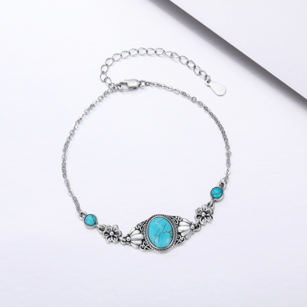 Sterling Silver Turquoise Cherry Blossom Bracelet for Women-3