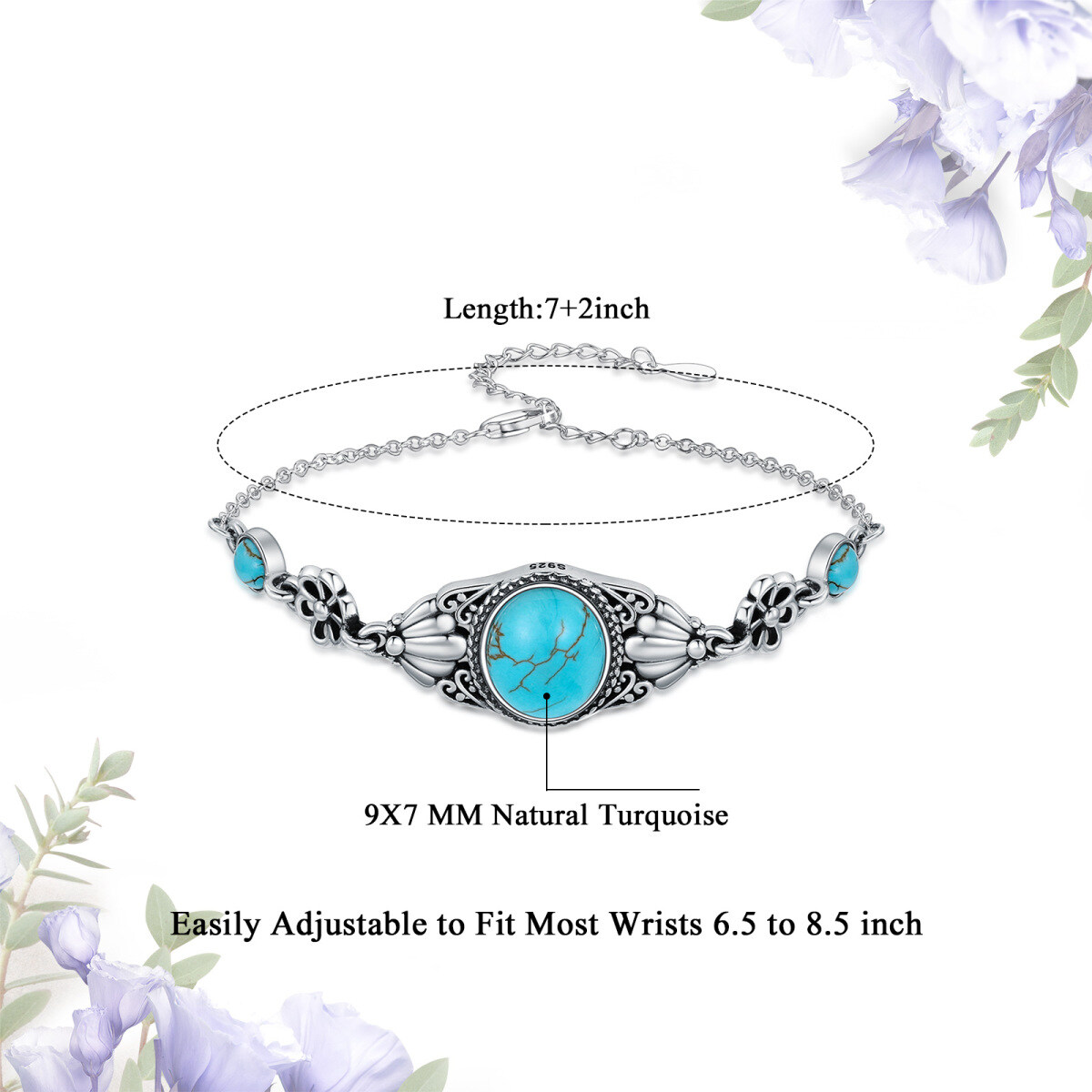 Sterling Silver Turquoise Cherry Blossom Bracelet for Women-4