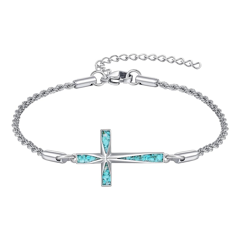 Sterling Silver Turquoise Cross Pendant Bracelet-1