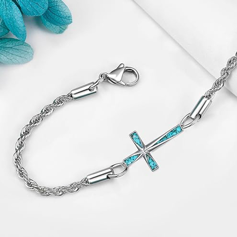 Sterling Silver Turquoise Cross Pendant Bracelet-4