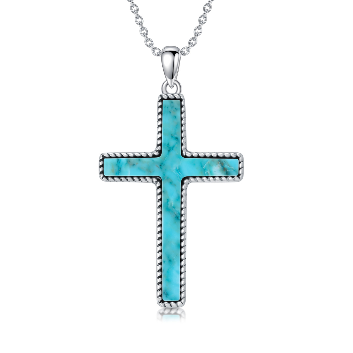 Sterling Silver Turquoise Cross Pendant Necklace-1