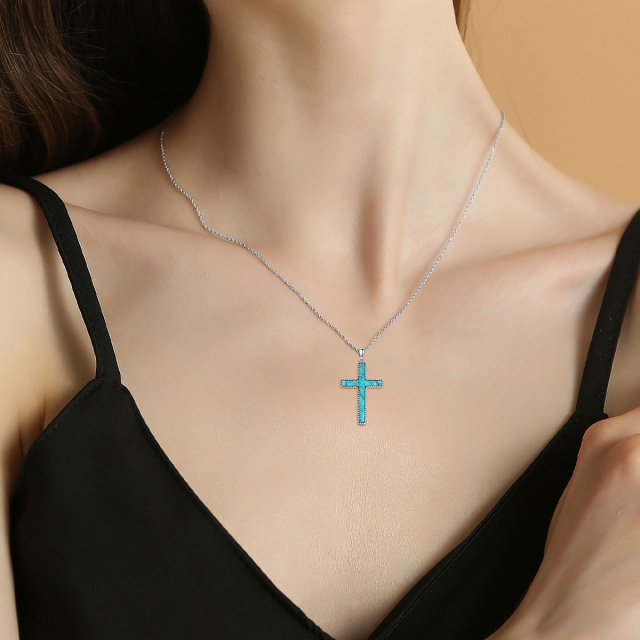 Sterling Silver Turquoise Cross Pendant Necklace-2