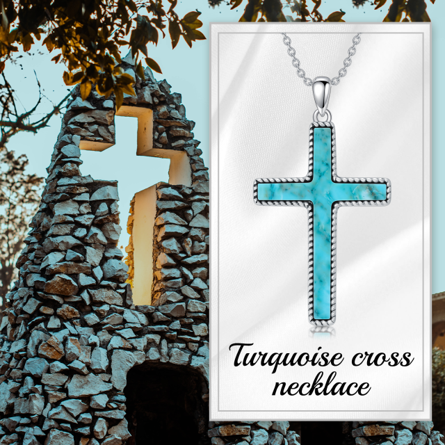 Sterling Silver Turquoise Cross Pendant Necklace-3