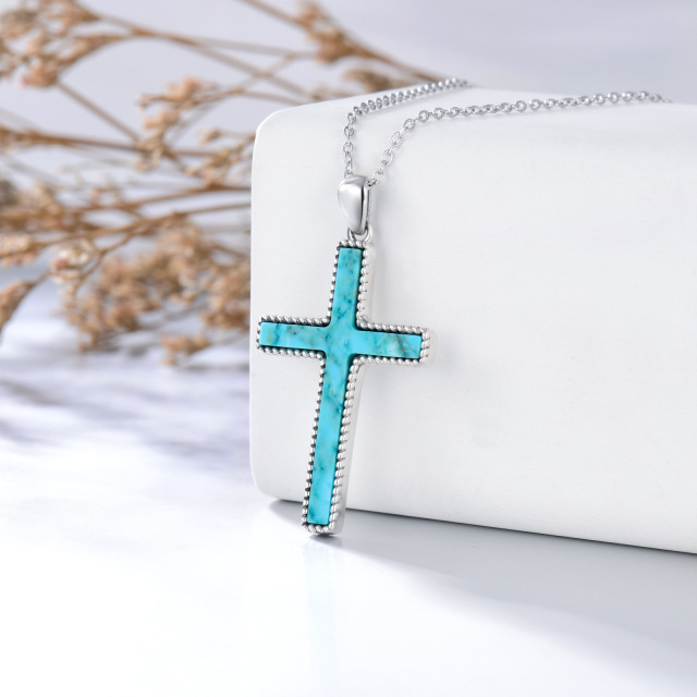 Sterling Silver Turquoise Cross Pendant Necklace-4