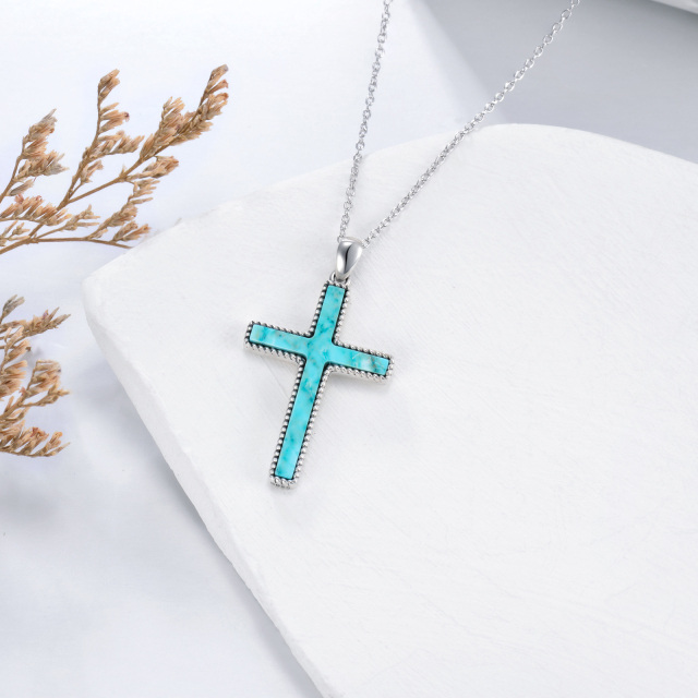 Sterling Silver Turquoise Cross Pendant Necklace-5