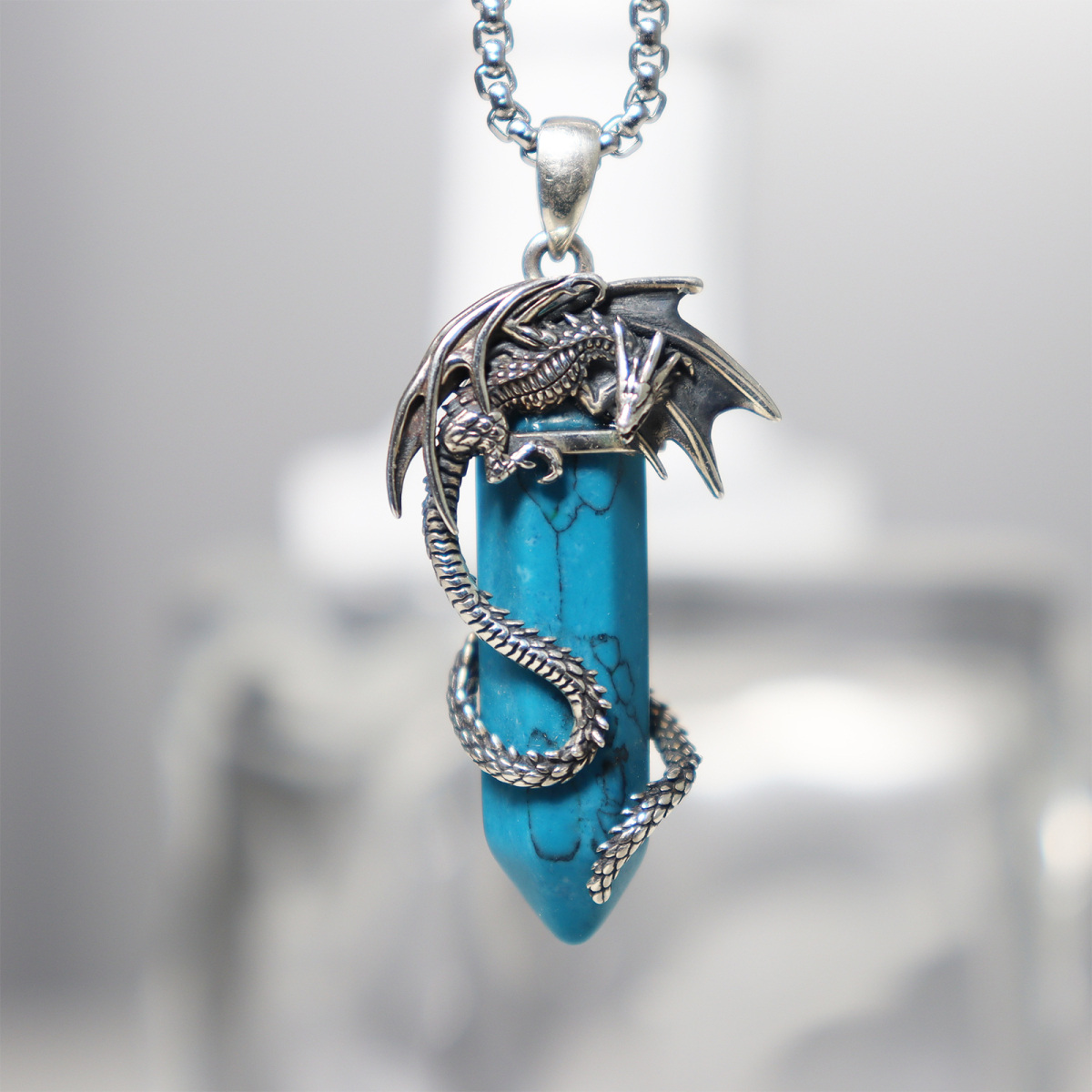 Sterling Silver Turquoise Dragon Pendant Necklace for Men-4