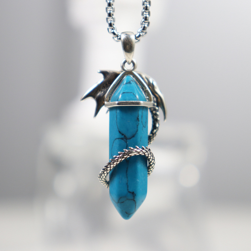 Sterling Silber Türkis Drachen Anhänger Halskette für Männer-5