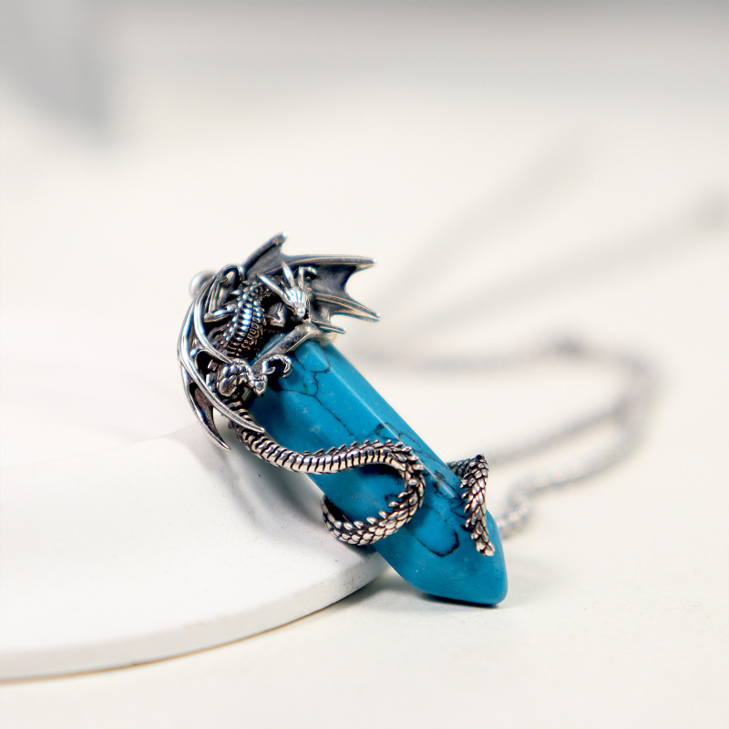 Sterling Silber Türkis Drachen Anhänger Halskette für Männer-6