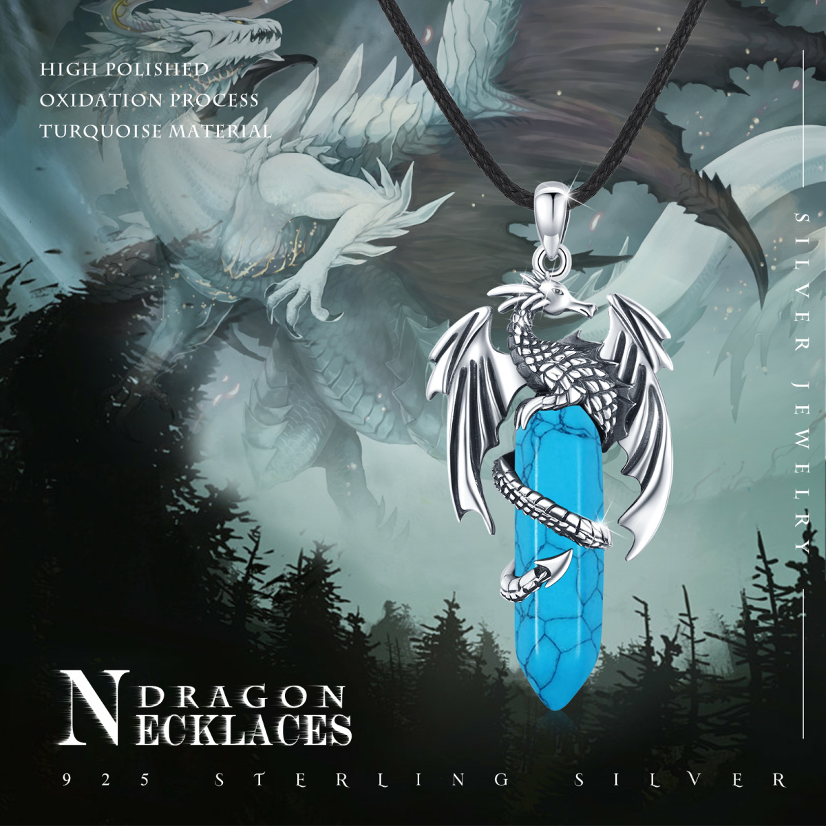 Collier avec pendentif dragon en argent turquoise-6