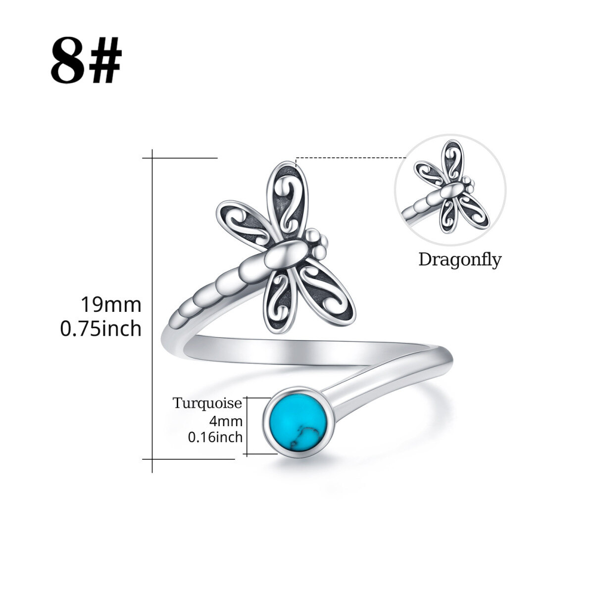 Bague ouverte en argent sterling avec libellule en turquoise-4