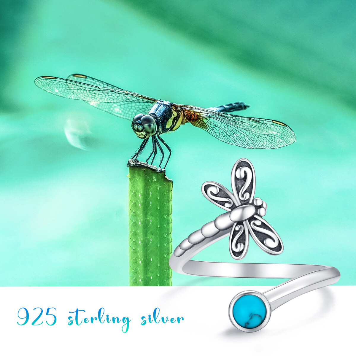 Bague ouverte en argent sterling avec libellule en turquoise-5