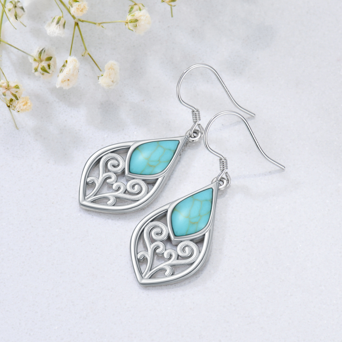 Sterling Silver Turquoise Drop Shape Drop Earrings-3