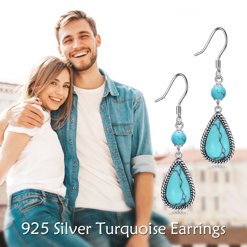 Boucles d'oreilles pendantes turquoise en argent sterling pour femmes-3