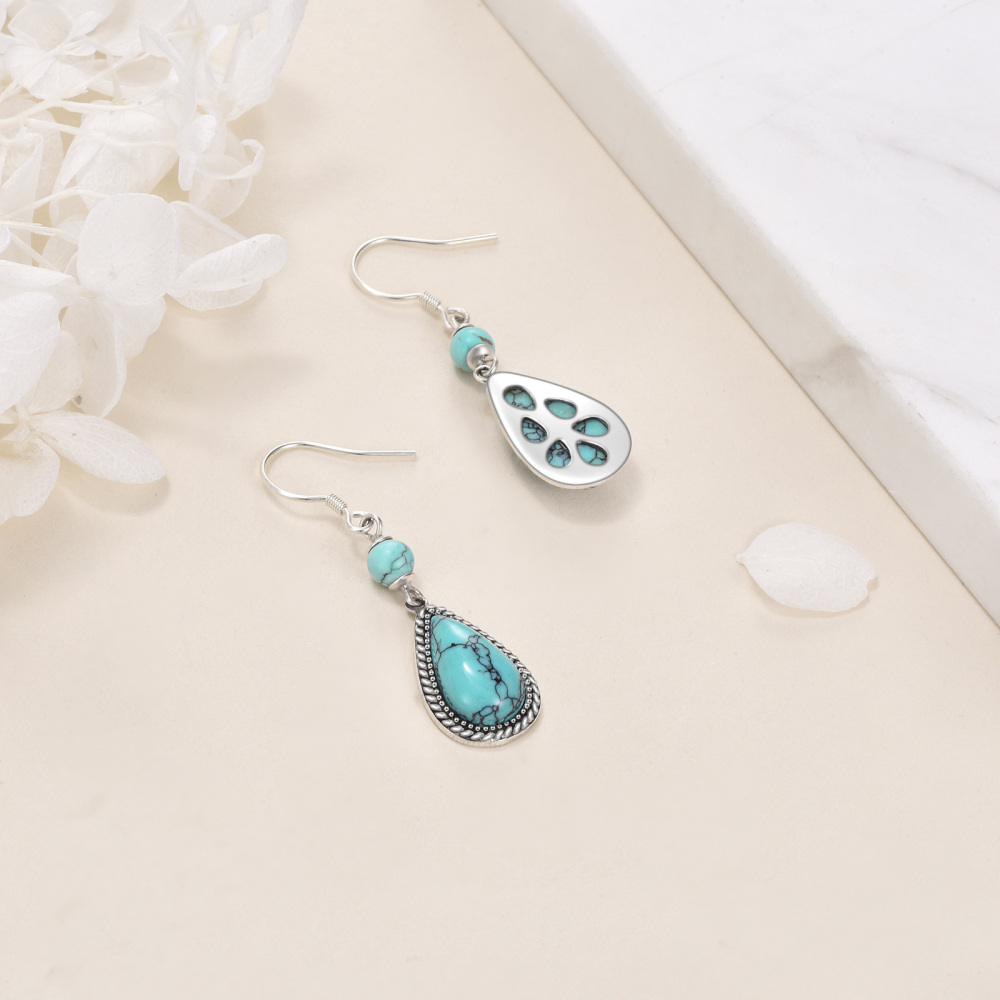 Boucles d'oreilles pendantes turquoise en argent sterling pour femmes-4