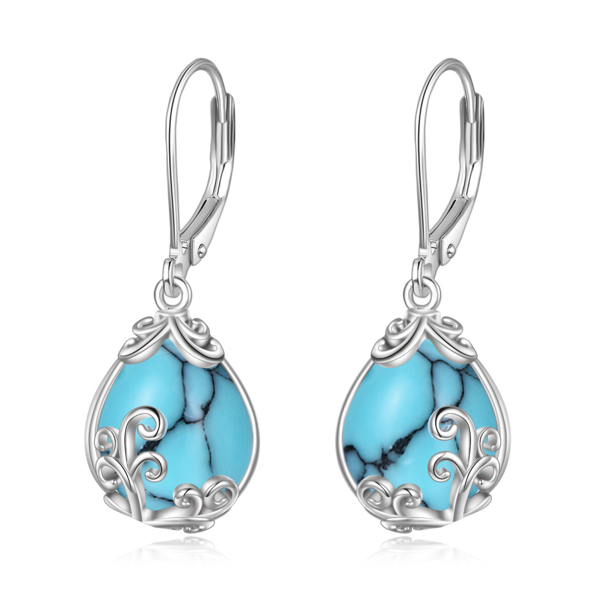 Boucles d'oreilles à levier en argent sterling avec turquoise en forme de goutte et filigr-1