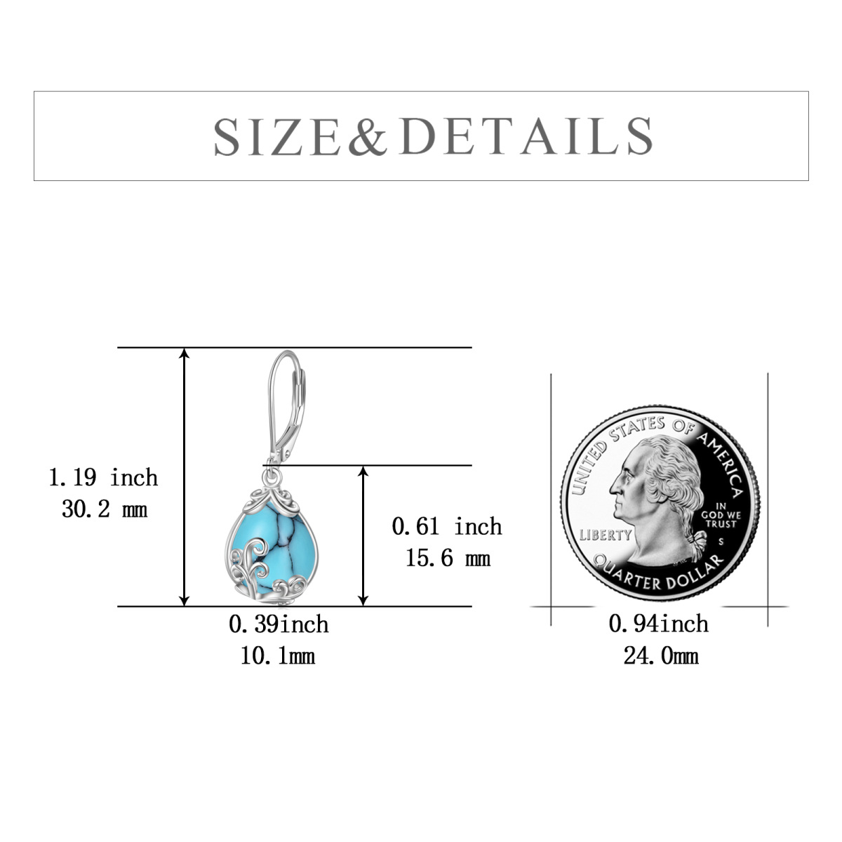 Sterling Silver Turquoise Drop Shape & Filigree Lever-back Earrings-6