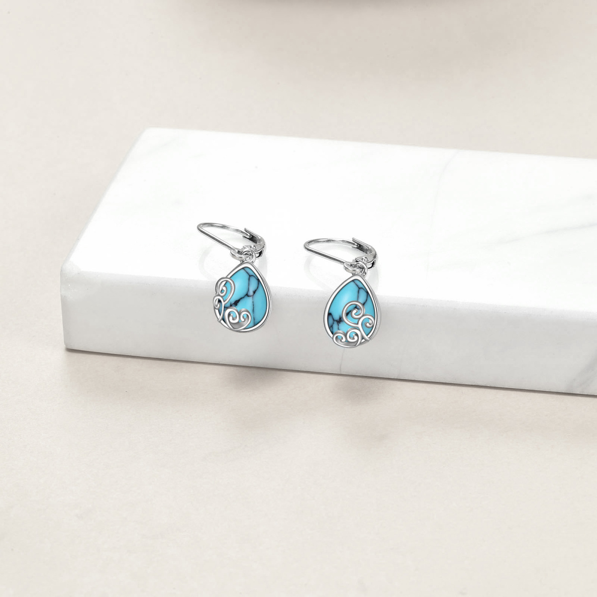 Sterling Silver Turquoise Drop Shape Lever-back Earrings-4