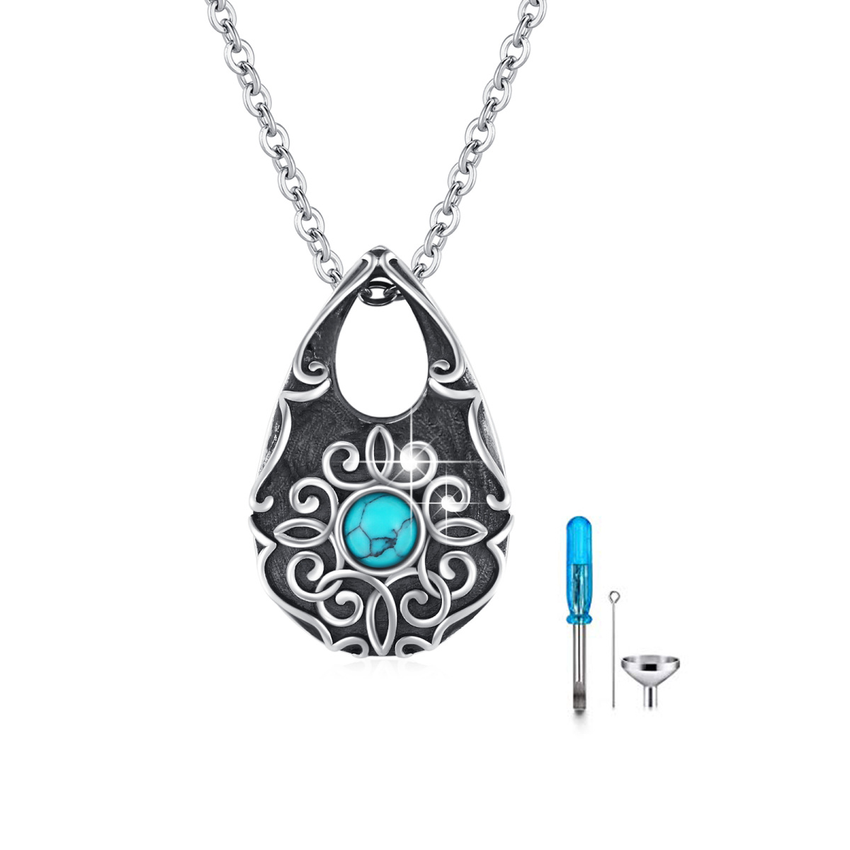 Collier Urne en argent sterling Turquoise en forme de goutte avec mot gravé-1