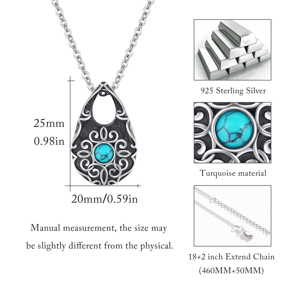 Sterling Silver Turquoise Drop Shape Urn Necklace for Ashes with Engraved Word-4