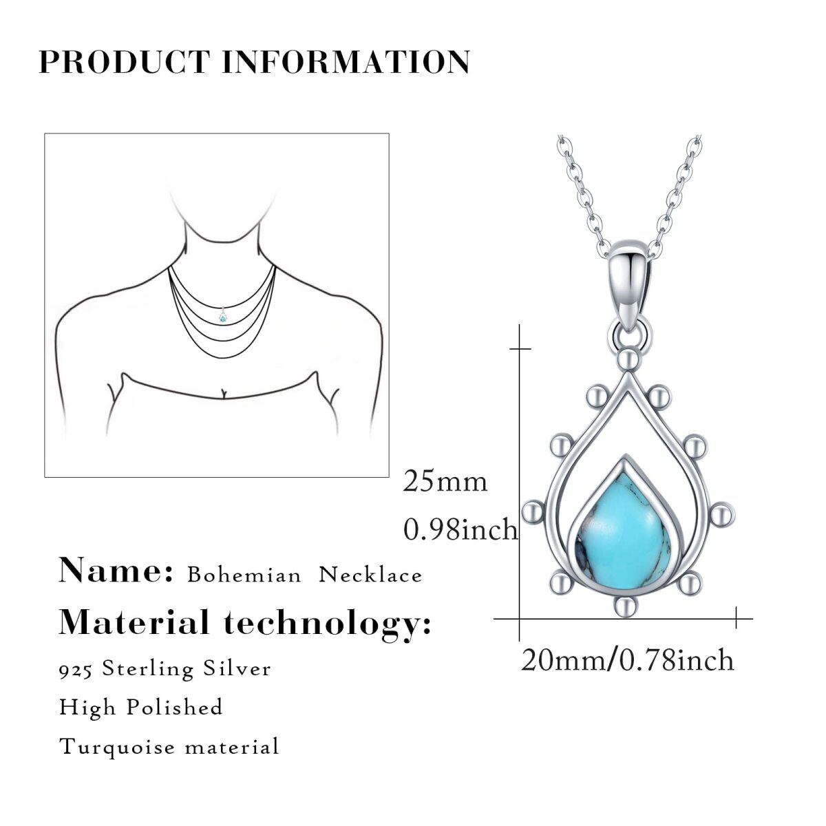 Sterling Silber Türkis Tropfenform Urne Halskette-4