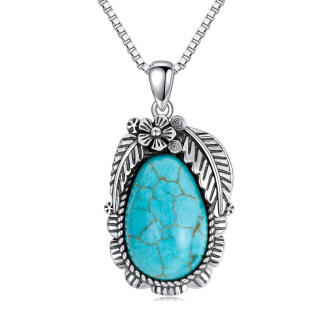 Sterling Silver Turquoise Feather Pendant Necklace-18