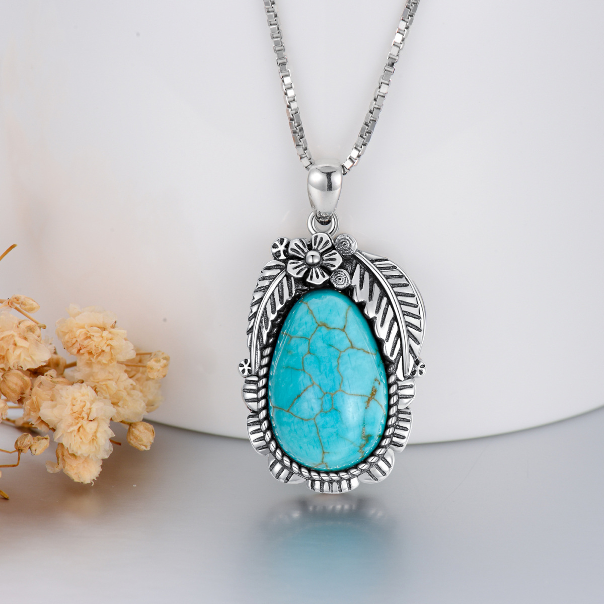 Sterling Silver Turquoise Feather Pendant Necklace-4