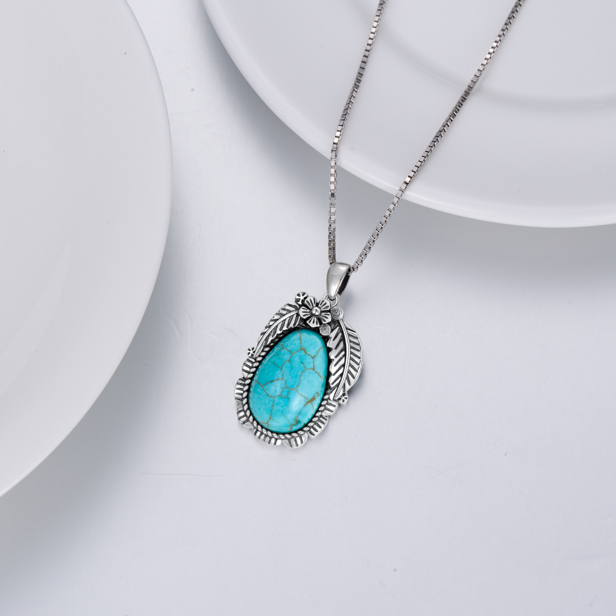 Sterling Silver Turquoise Feather Pendant Necklace-5