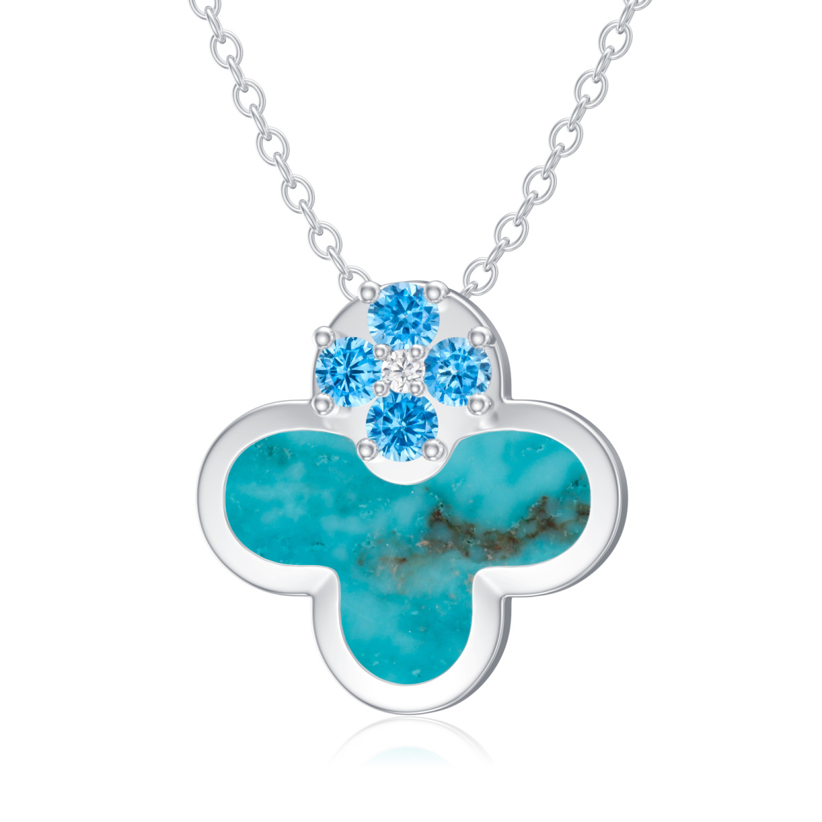 Sterling Silver Cubic Zirconia & Turquoise Four Leaf Clover Pendant Necklace-1