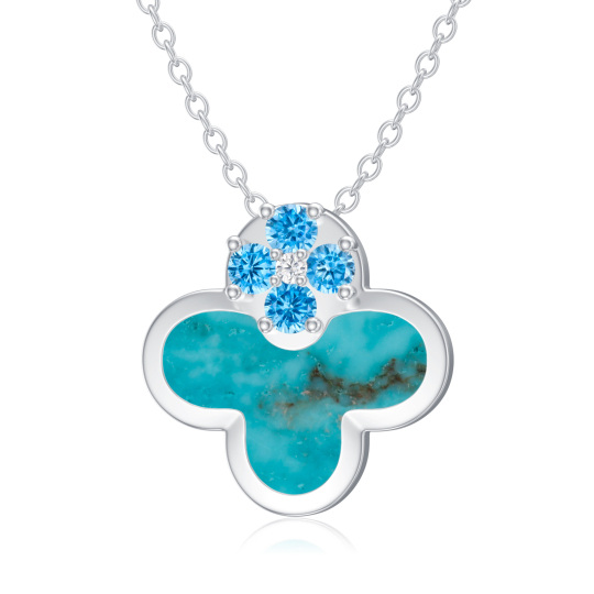 Sterling Silver Cubic Zirconia & Turquoise Four Leaf Clover Pendant Necklace