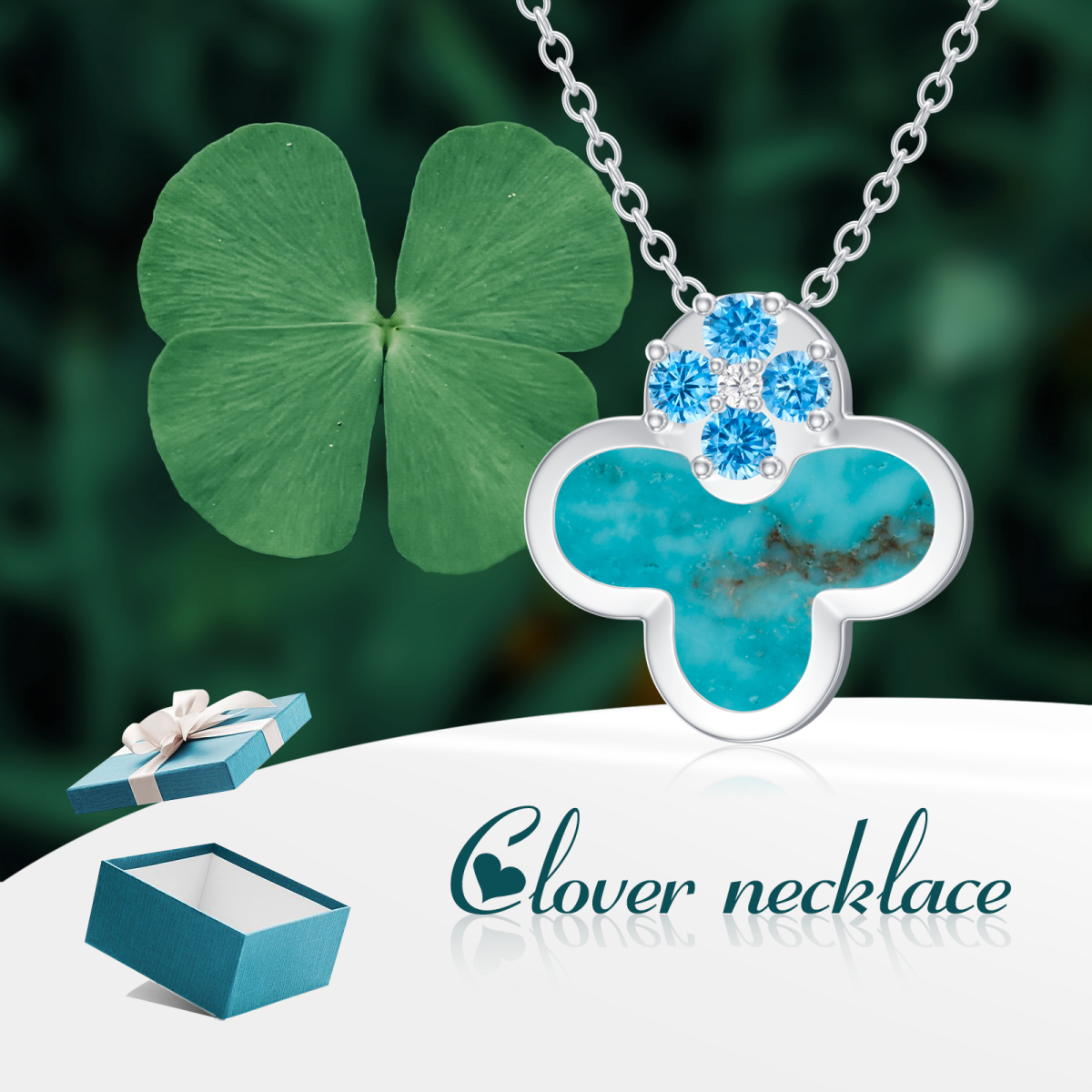 Sterling Silver Cubic Zirconia & Turquoise Four Leaf Clover Pendant Necklace-3