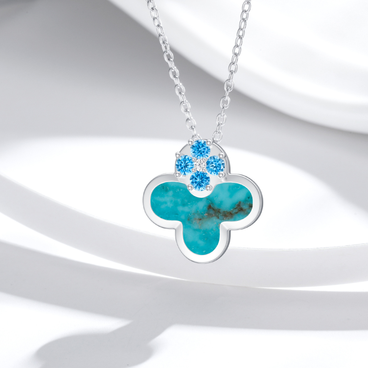 Sterling Silver Cubic Zirconia & Turquoise Four Leaf Clover Pendant Necklace-4