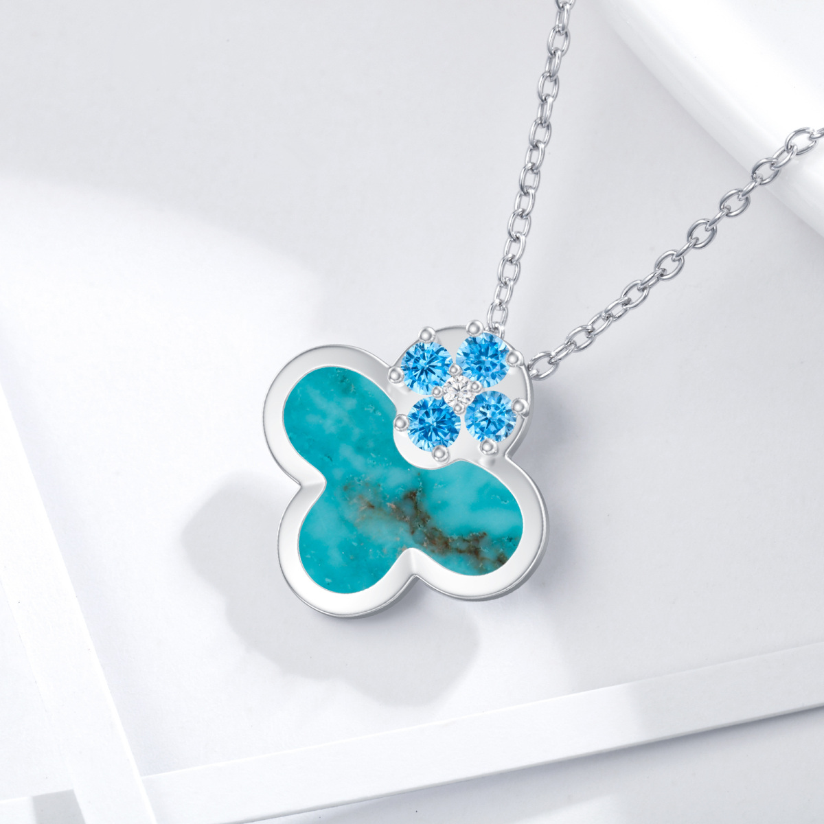 Sterling Silver Cubic Zirconia & Turquoise Four Leaf Clover Pendant Necklace-5