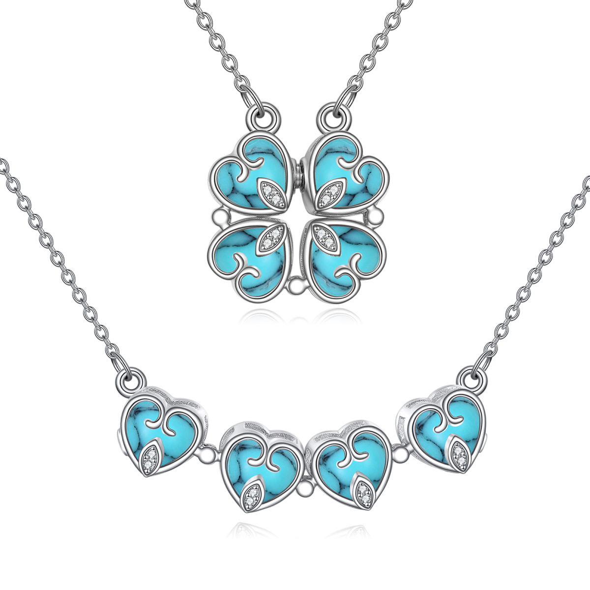 Sterling Silver Cubic Zirconia & Turquoise Four Leaf Clover Pendant Necklace-1