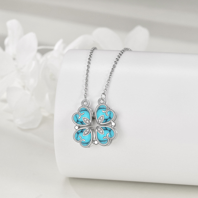 Sterling Silver Cubic Zirconia & Turquoise Four Leaf Clover Pendant Necklace-3