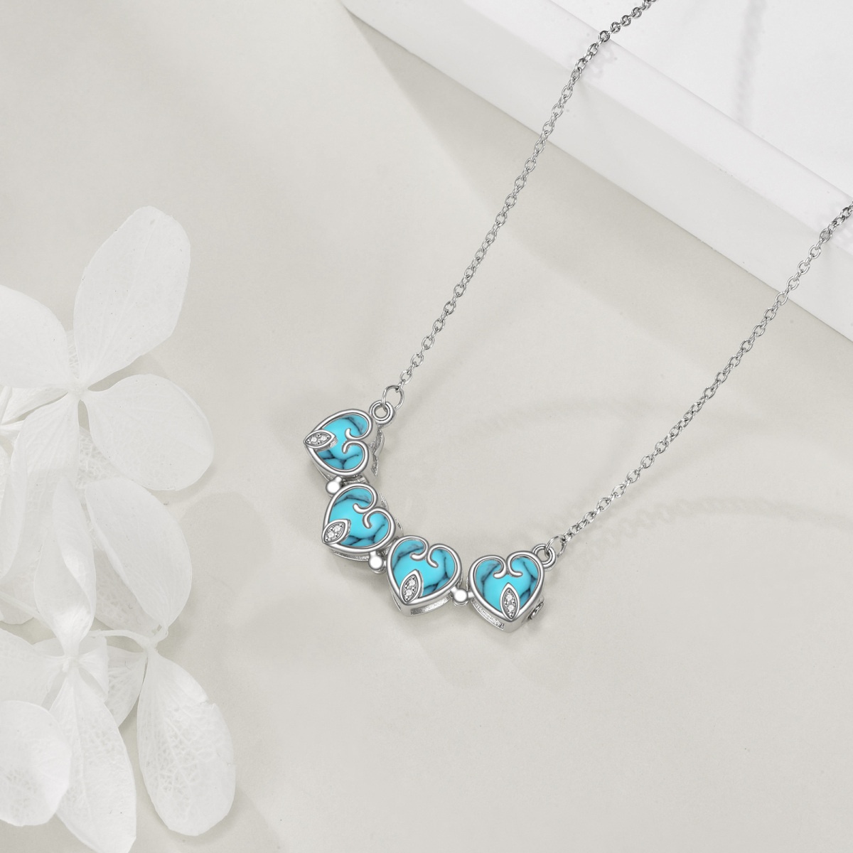 Sterling Silver Cubic Zirconia & Turquoise Four Leaf Clover Pendant Necklace-4