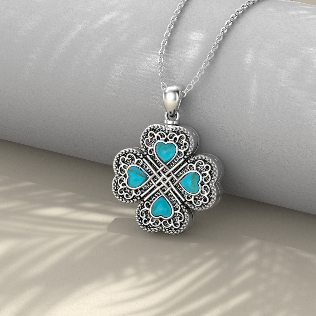 Sterling Silver Turquoise Four Leaf Clover Urn Necklace for Ashes-4