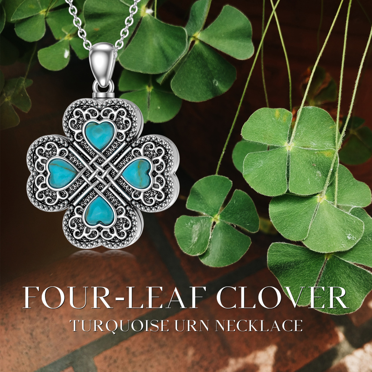 Sterling Silver Turquoise Four Leaf Clover Urn Necklace for Ashes-6