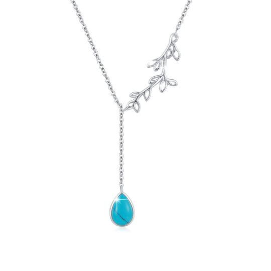 Collana a Y non regolabile in argento sterling con foglie e goccia di turchese