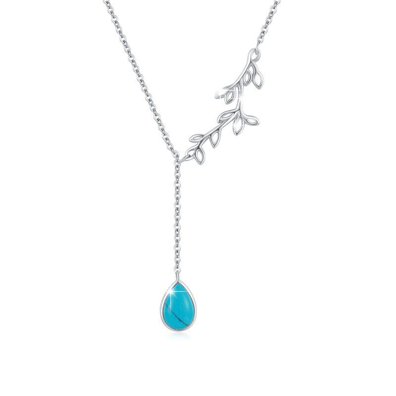 Sterling Silver Turquoise Leaves & Drop Shape Non-adjustable Y-Necklace-5