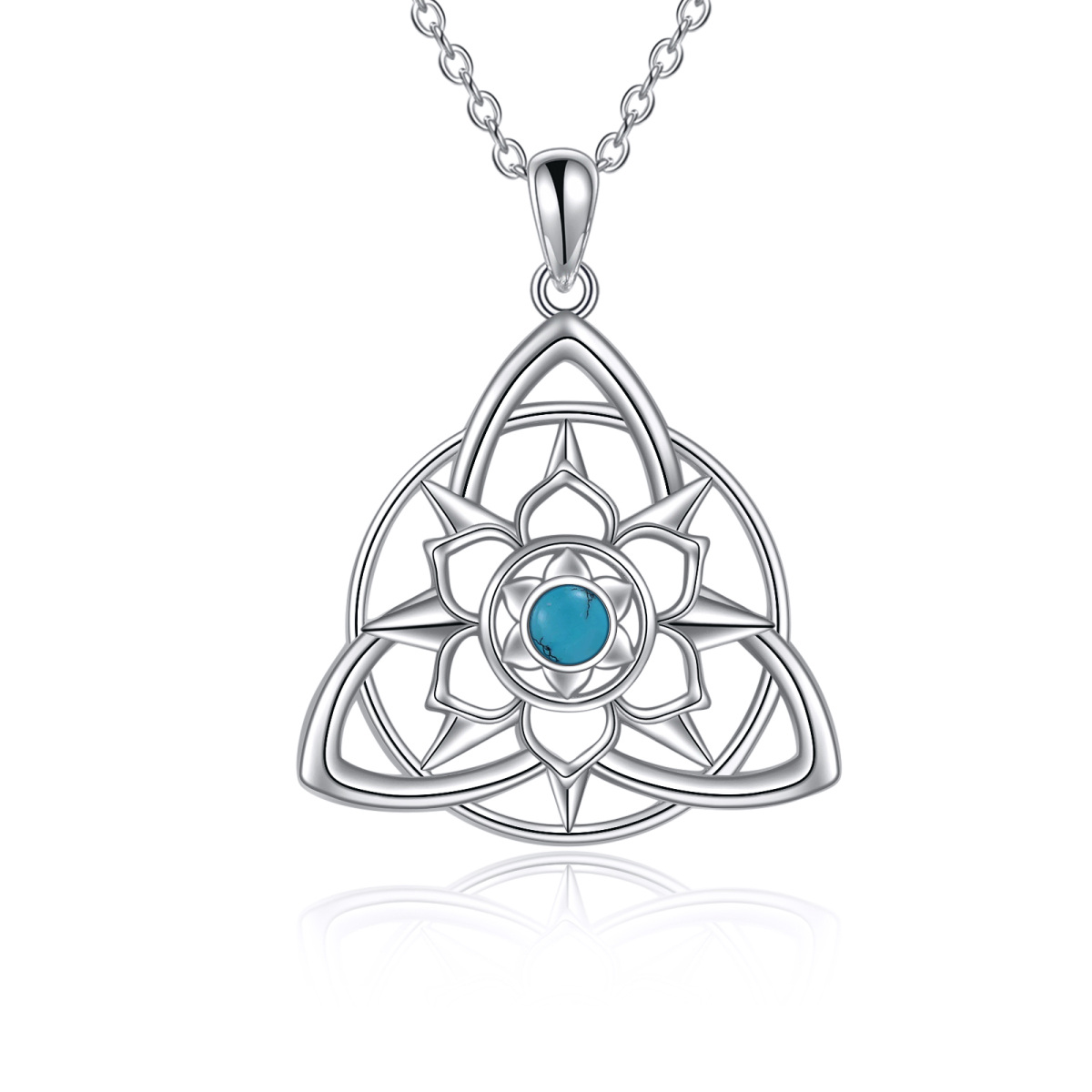 Sterling Silver Turquoise Lotus & Celtic Knot Pendant Necklace-1