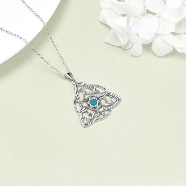 Sterling Silver Turquoise Lotus & Celtic Knot Pendant Necklace-4