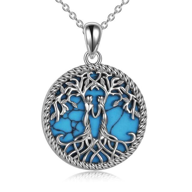 Sterling Silver Turquoise Tree Of Life & Sisters Pendant Necklace-1