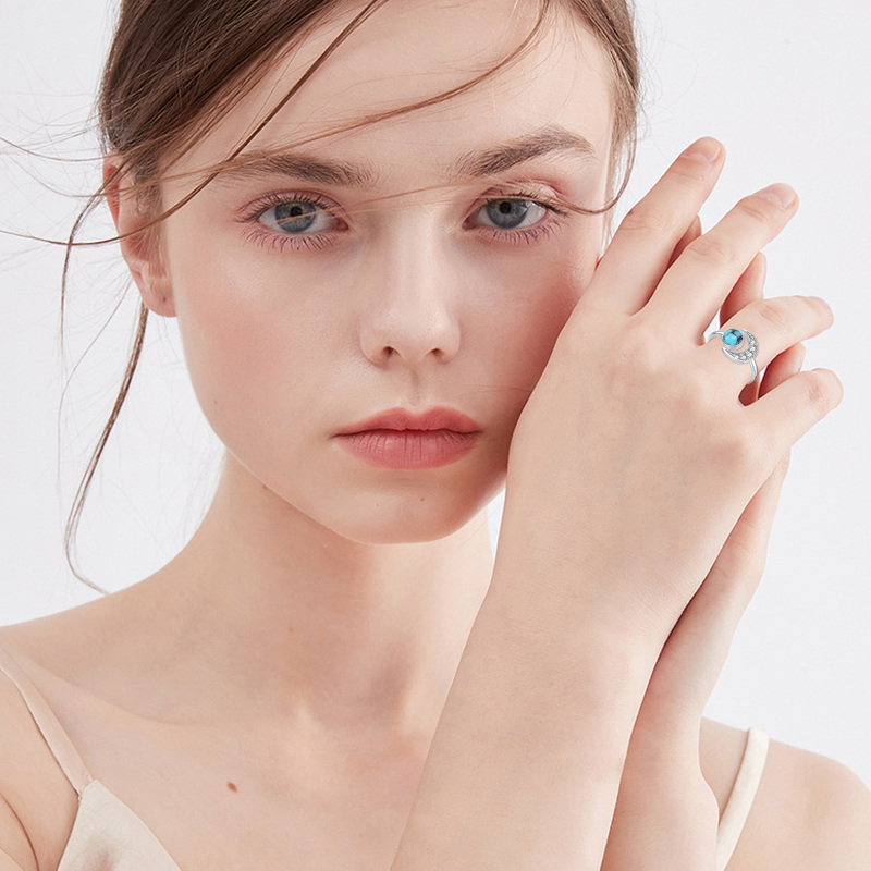 Sterling Silver Turquoise Moon Open Ring-2